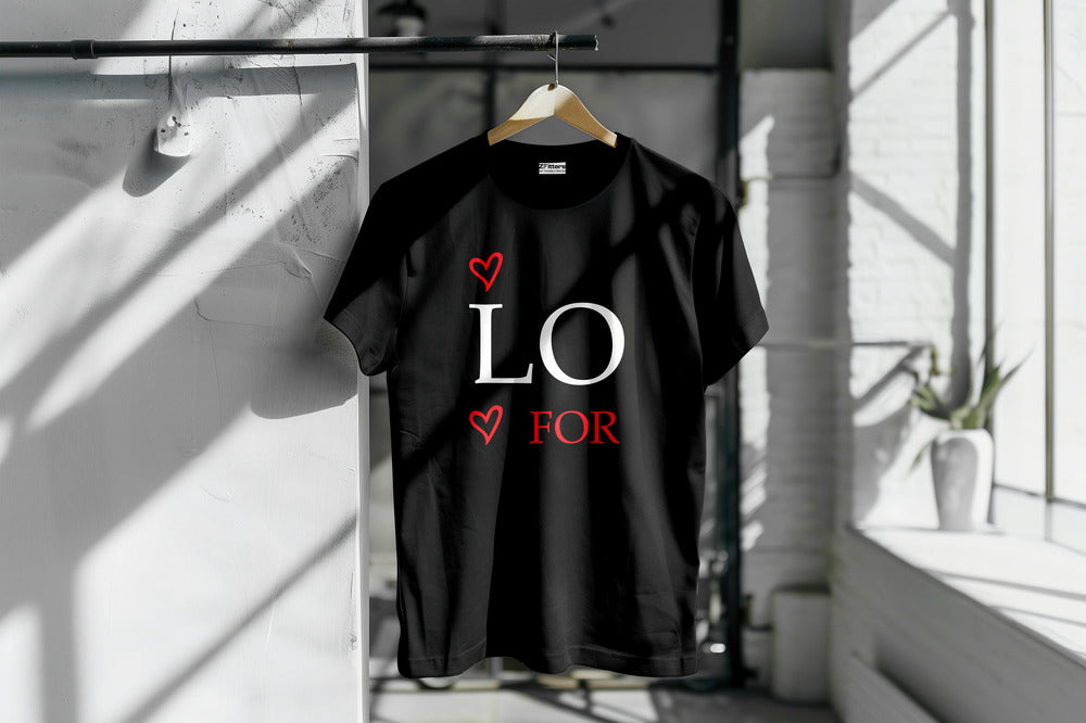 Black matching couple T-shirt with 'LO FOR' design in white and red text, featuring heart accents. Perfect for couples looking for stylish and comfortable apparel.