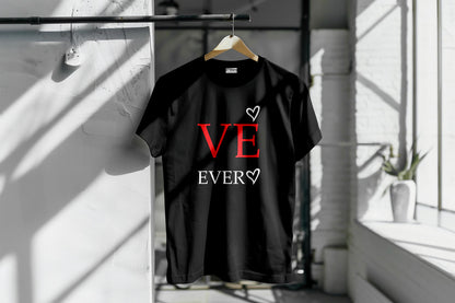 Black matching couple T-shirt with 'VE EVER' design in red and white text, featuring heart accents. Perfect for couples looking for stylish and romantic tees.