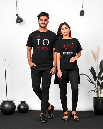 Matching couple T-shirts in black with 'Love Forever' design. Stylish and comfortable apparel for couples, available online in Pakistan.