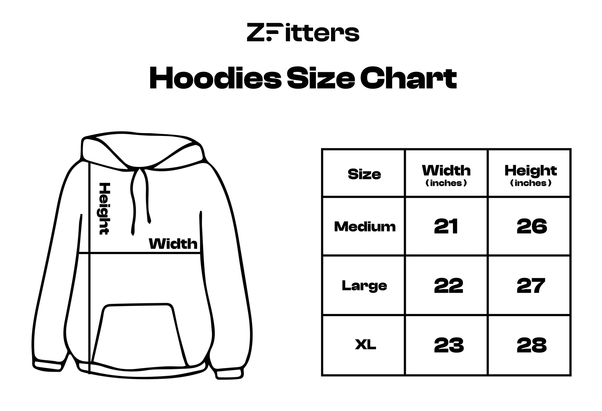 ZFitters hoodies size chart displaying measurements for Medium, Large, and XL sizes. Includes width and height dimensions for accurate fitting.