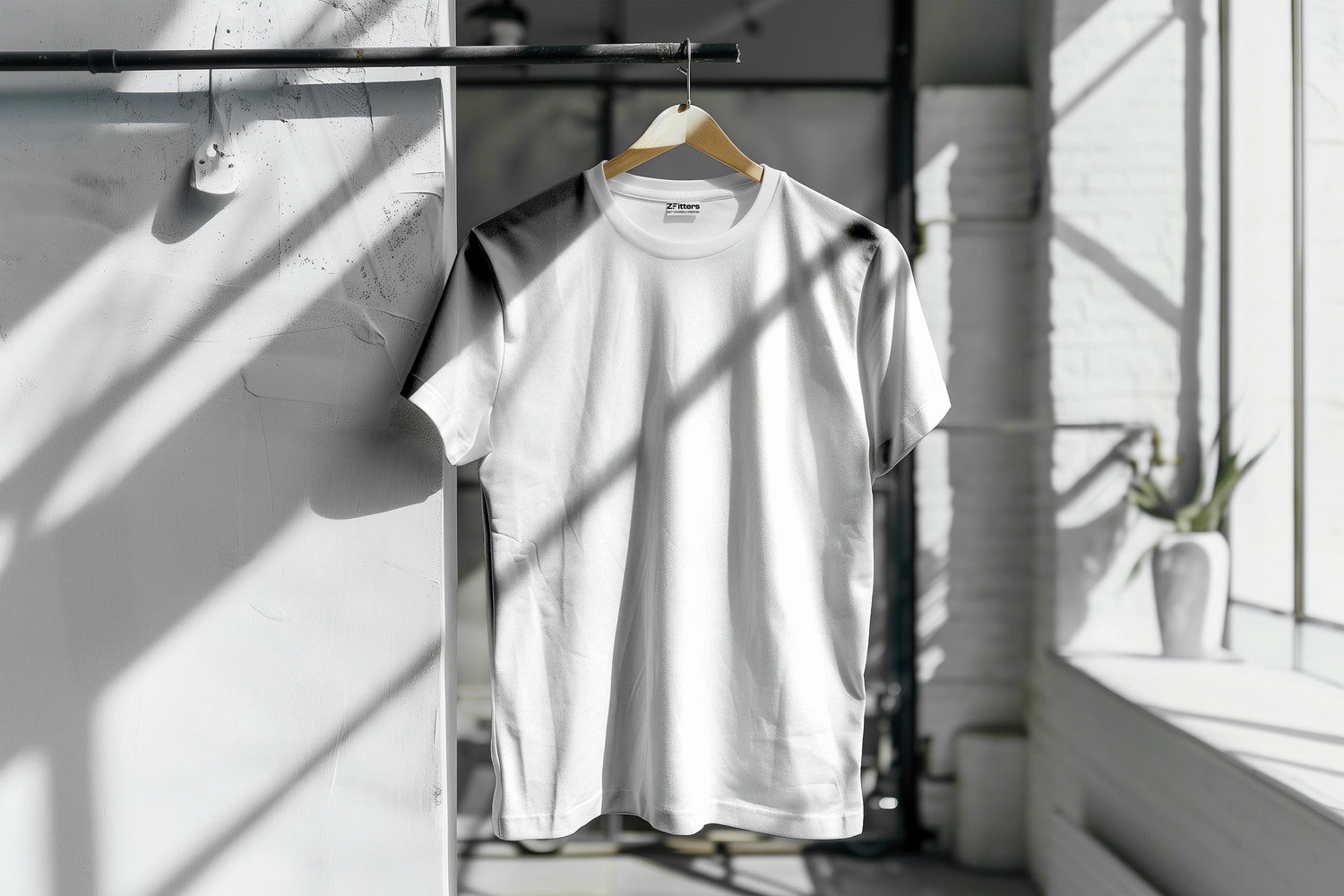 Premium plain white T-shirt hanging on a wooden hanger in a sunlit modern interior. A versatile and comfortable wardrobe essential for men and women.