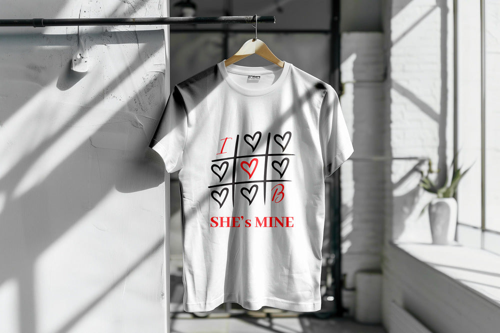 Premium matching couple T-shirt with a tic-tac-toe heart design and 'She's Mine' text. Stylish and comfortable couple tee, perfect for partners.