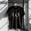 Black matching couple T-shirt with 'LO FOR' design in white and red text, featuring heart accents. Perfect for couples looking for stylish and comfortable apparel.