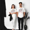 Matching couple T-shirts in white with 'I ❤️' and 'SHE'S MINE' text designs. Stylish and comfortable couple tees for a coordinated look.